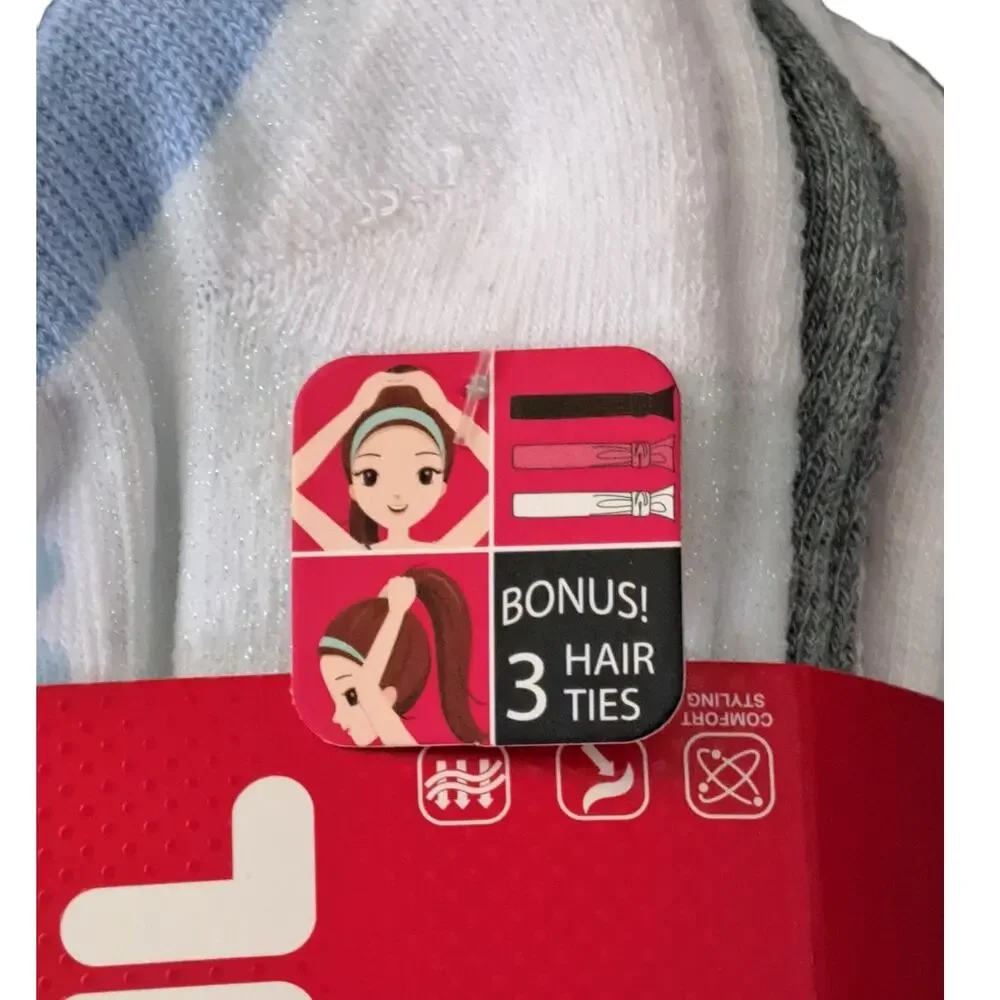 NWT Fila 10 Pairs Comfort Knit Soft Socks Bonus 3 Hair Ties Girls 7 to 10 Shoe